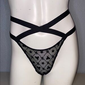 Victoria’s Secret Brazillian Thong Black Strappy Thong NEW VS Signature Print
